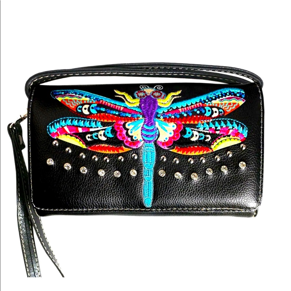 Multi Functional Dragon Fly Embroidery Trifold Clutch Crossbody Wallet